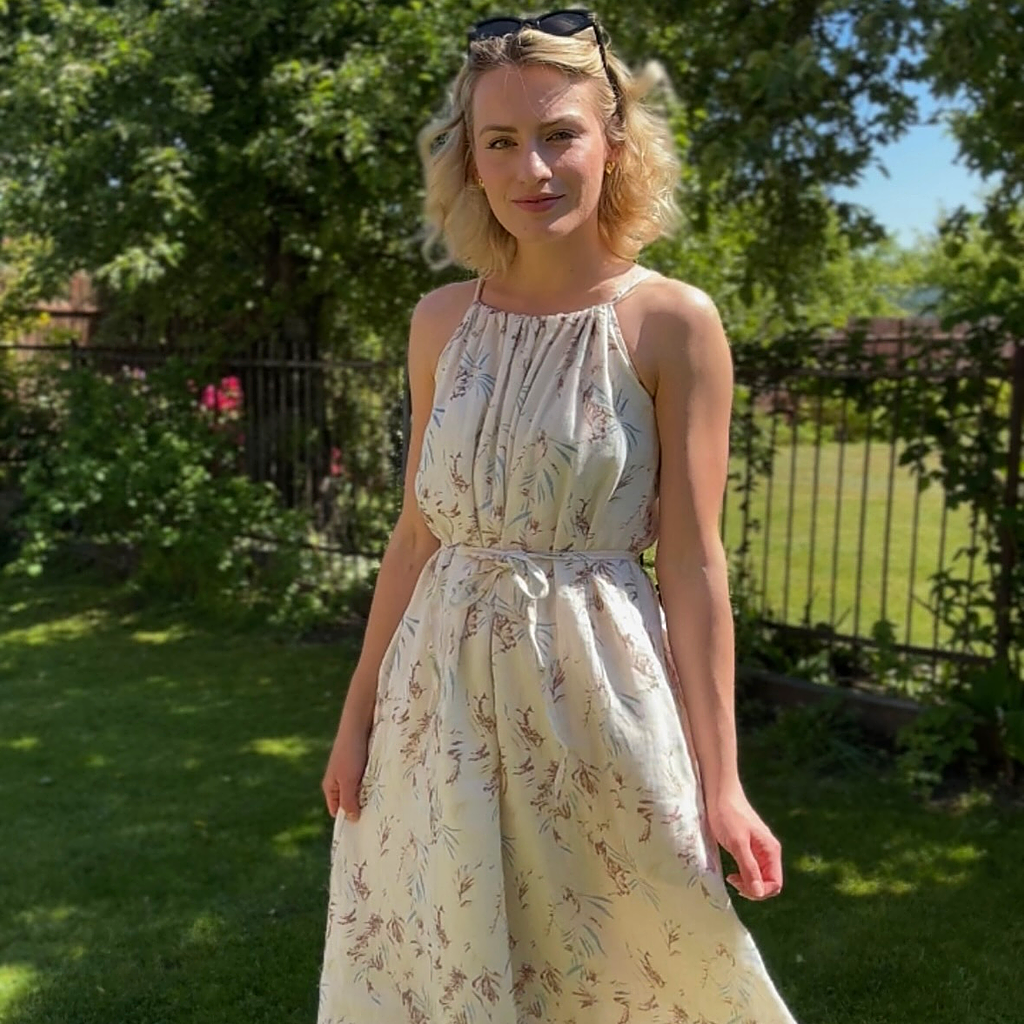 100% European Linen Apricot Floral Dress REAL SILK LIFE
