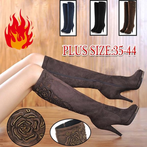 2022 Autumn/Winter Fashion Boots Sexy Lady Shoes High Heels Knee High Boots Flock Beading Women Long Motorcycle Boots Plus Size44 - Life is Beautiful for You - SheChoic