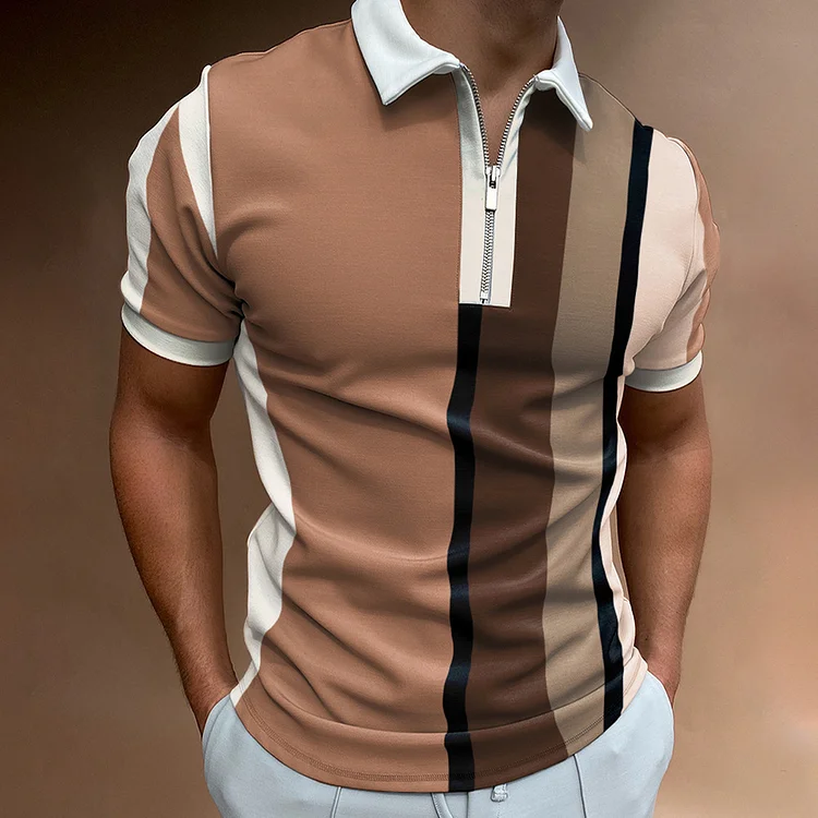 Zipper Colorblock Stripe Lapel Collar Short Sleeve Polo T-Shirt