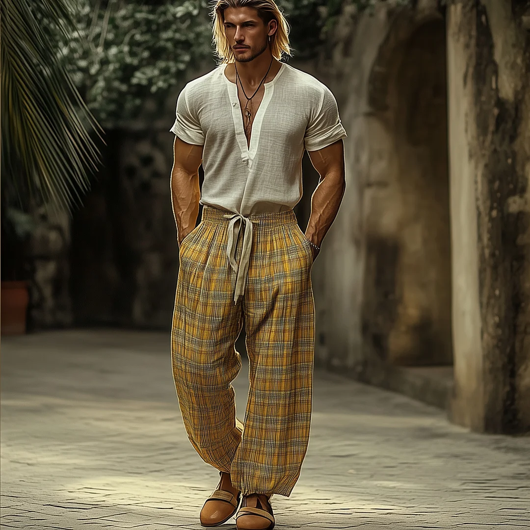 Plaid Wide-Leg Lounge Pants With Adjustable Waistband-inspireuse