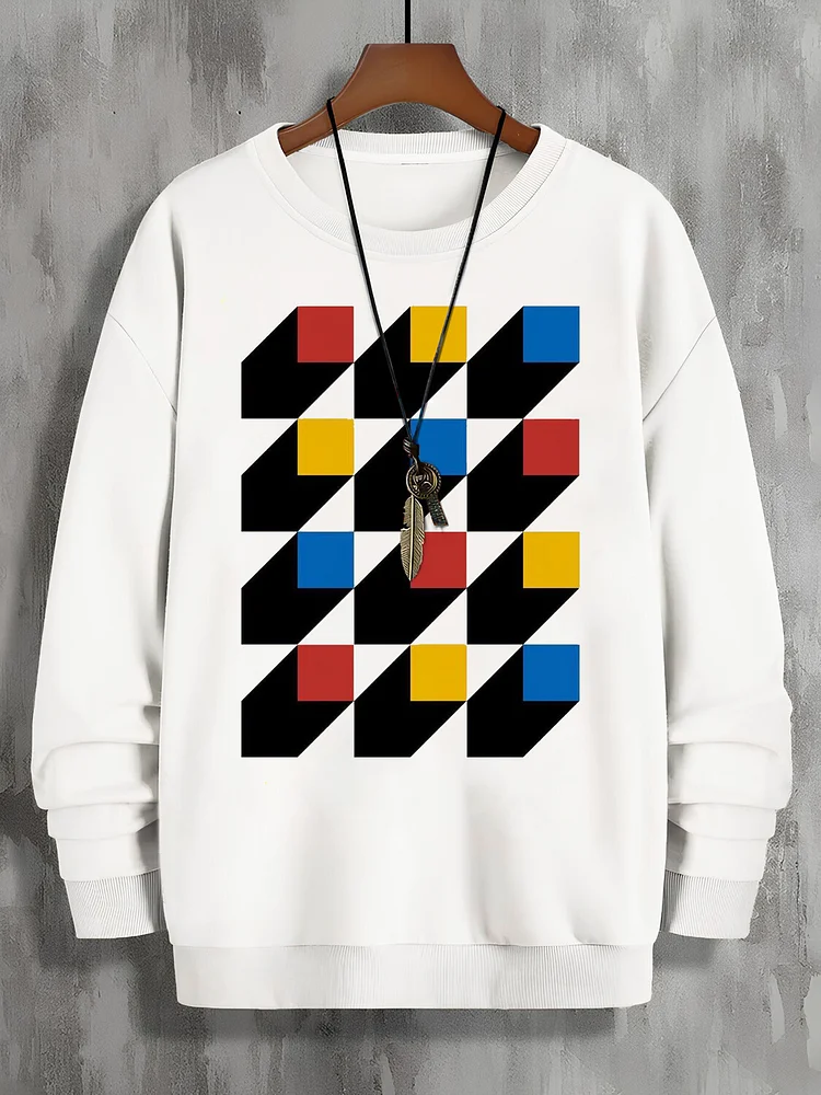 Men's 3D Squares Print Cotton Long Sleeve Thin Sweatshirt