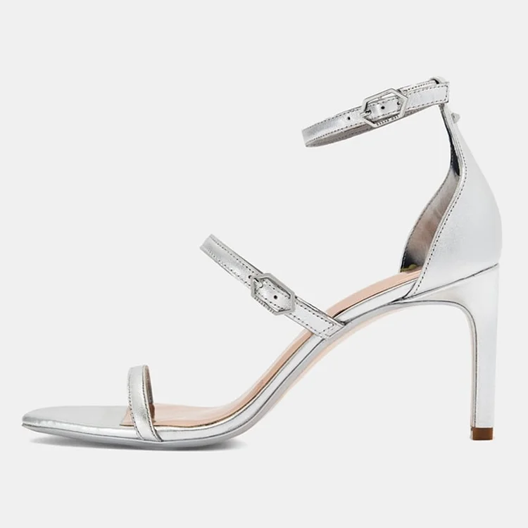 Silver Metallic Ankle Strap Sandals Tripe Strap Stiletto Heel Sandals |FSJ Shoes