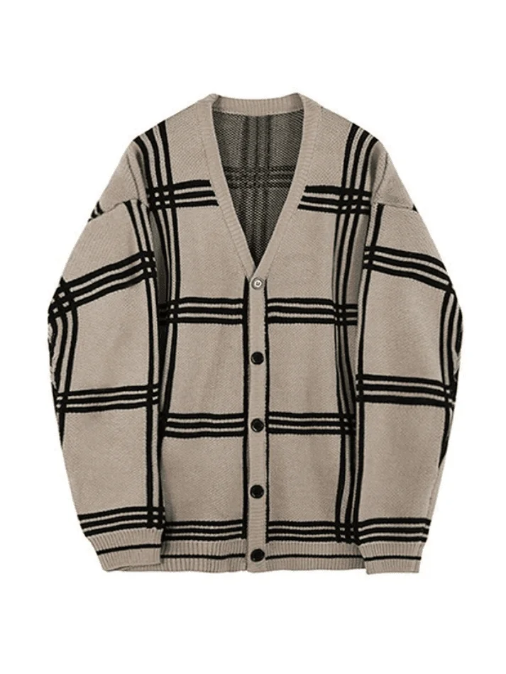 Brownm Men's V Neck Checkered Cardigan