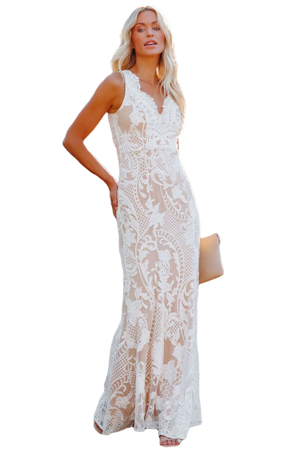 Women White Zip Back Sleeveless Crochet Lace Maxi Dress
