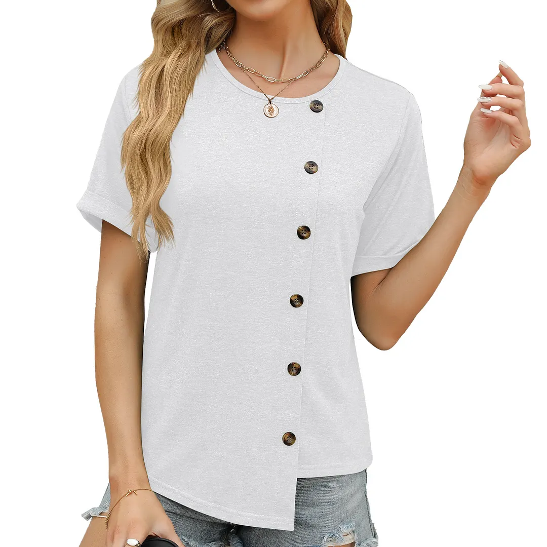 Churchf Churchf 2024 New Round Collar Button Irregular Splicing Loose T-Shirt Women