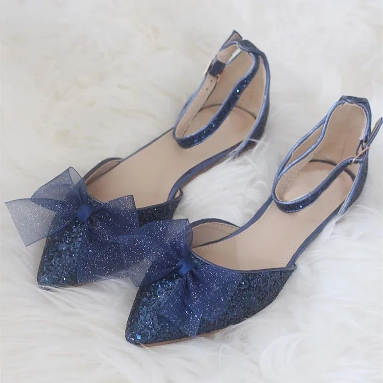 Navy Glitter Mesh Bow Ankle Strap Comfortable Flats |FSJ Shoes