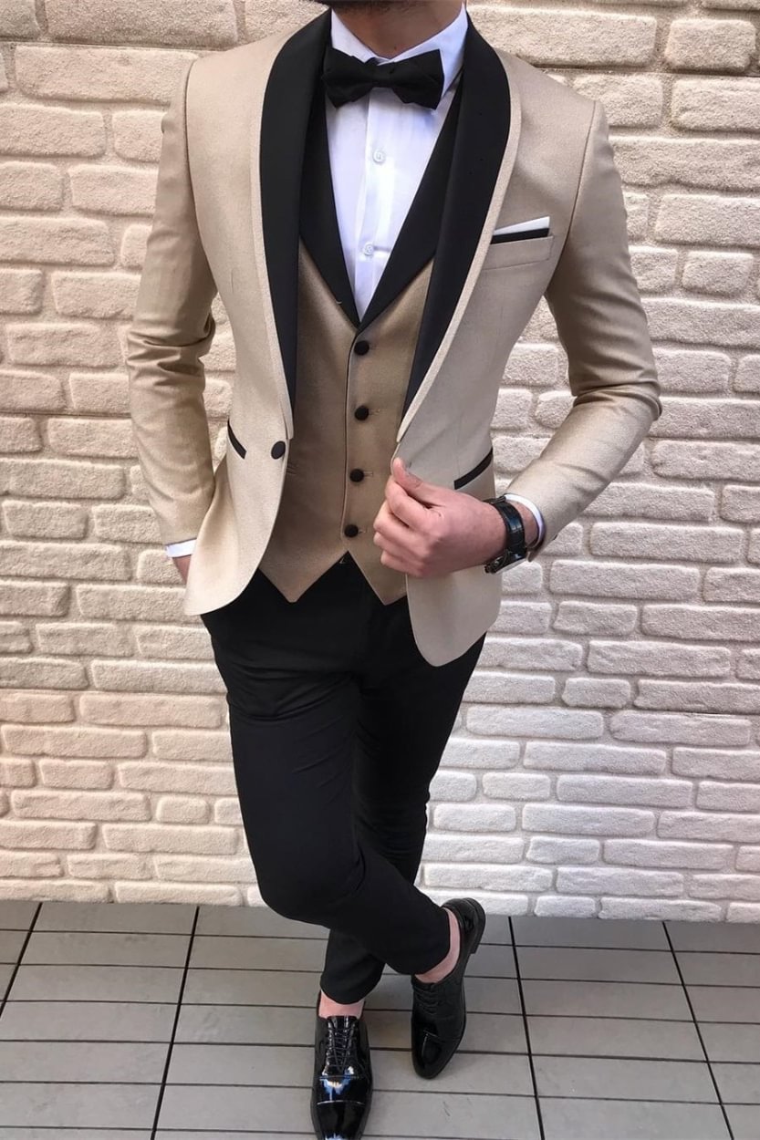Classic Shawl Lapel Gold Champagne Black Satin Wedding Tuxedos 3 Piece | Ballbellas Ballbellas