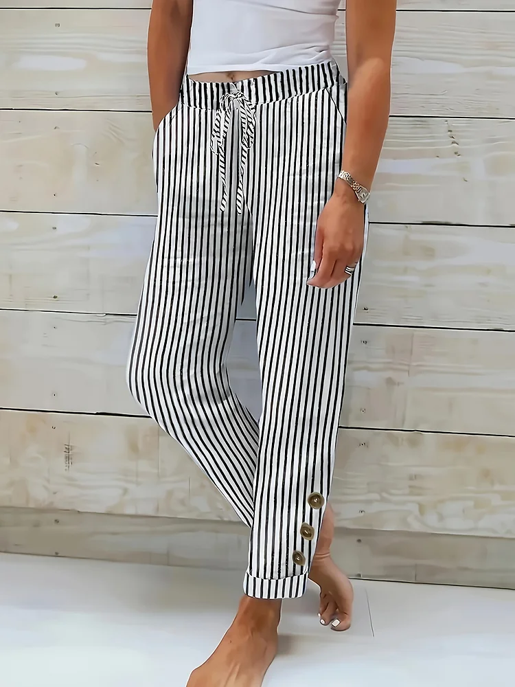 Internet Celebrity Striped Bubble Cloth Button Slanted Pocket Casual Vacation Loose Cropped Pants -0203