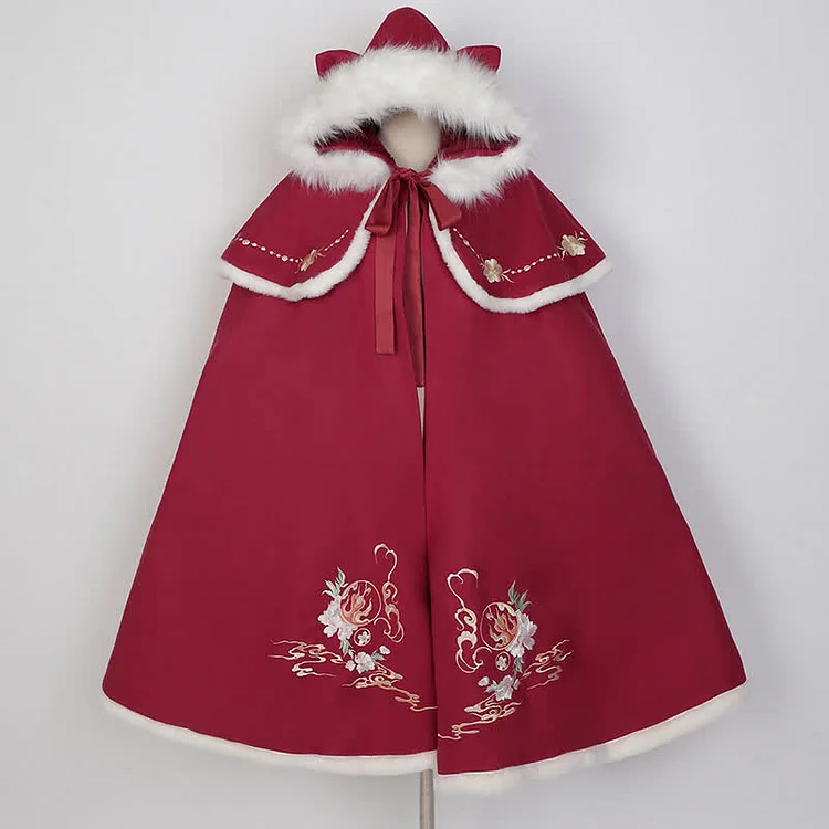 Vintage Bunny Embroidery Lace Up Plush Hooded Cloak Coat - Modakawa modakawa