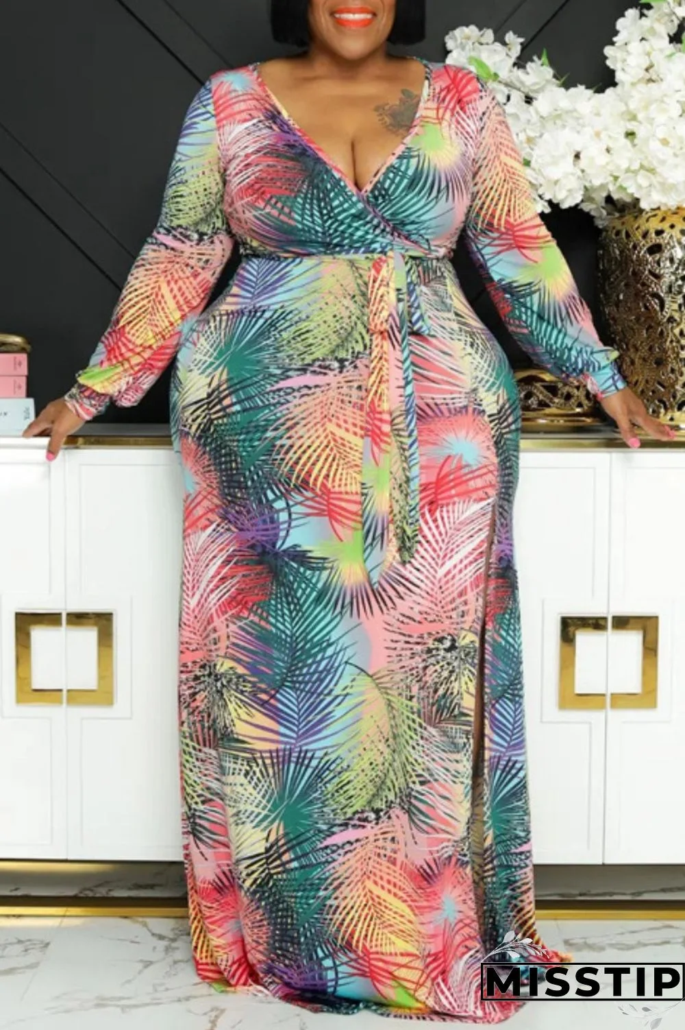 Pink Casual Print Slit V Neck Long Sleeve Plus Size Dresses