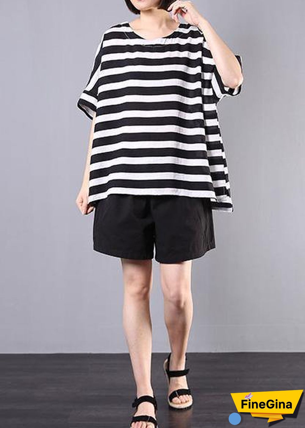 2019 new cotton blended black striped short sleeve pullover with elastic waist short two pieces