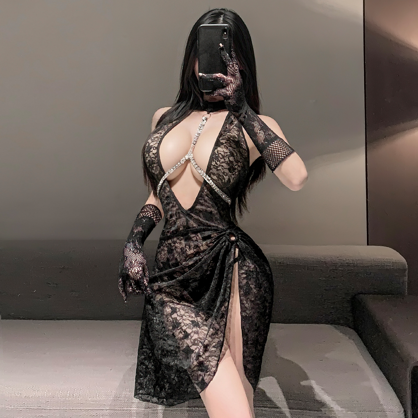 Lovingerie - Flash Chain Breastpin Charming See-through Sexy Lace Dress
