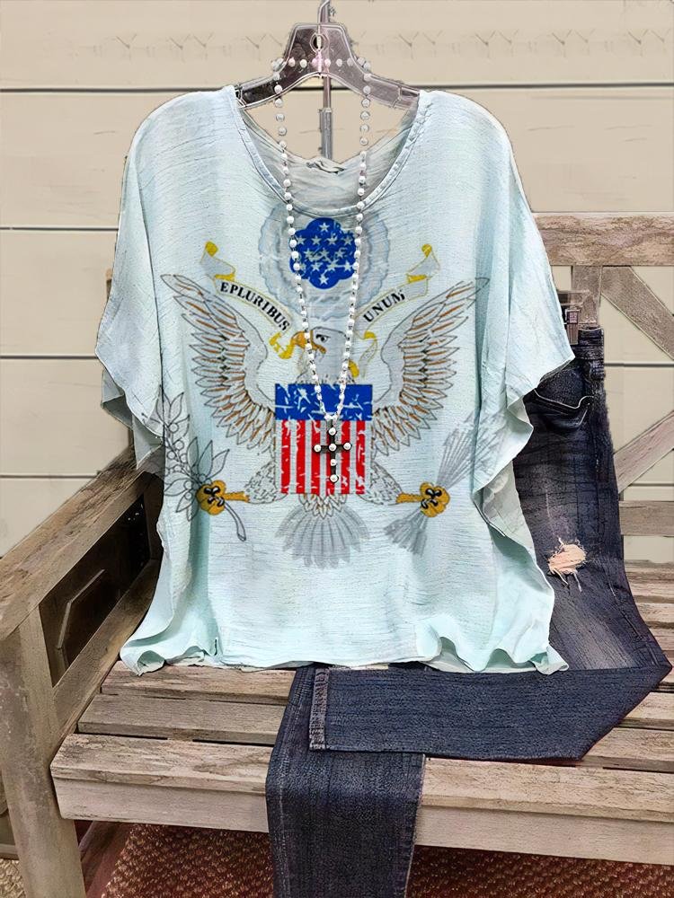 Women's Casual Eagle and Flag Print Half-sleeve V-neck T-shirt