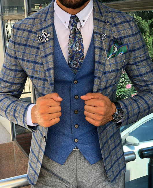 OK Casual Plaid Notch Lapel Sax Slim-Fit Blazer