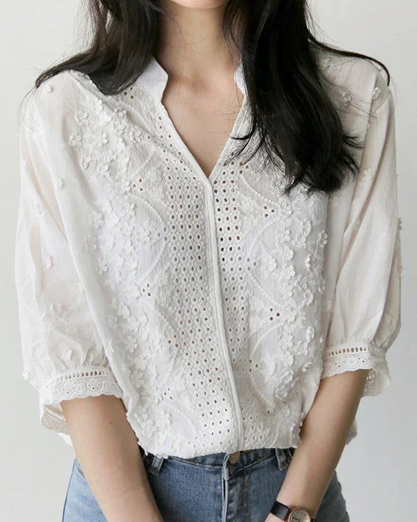 Design Sense V-neck Stand Collar Embroidered Lace Top