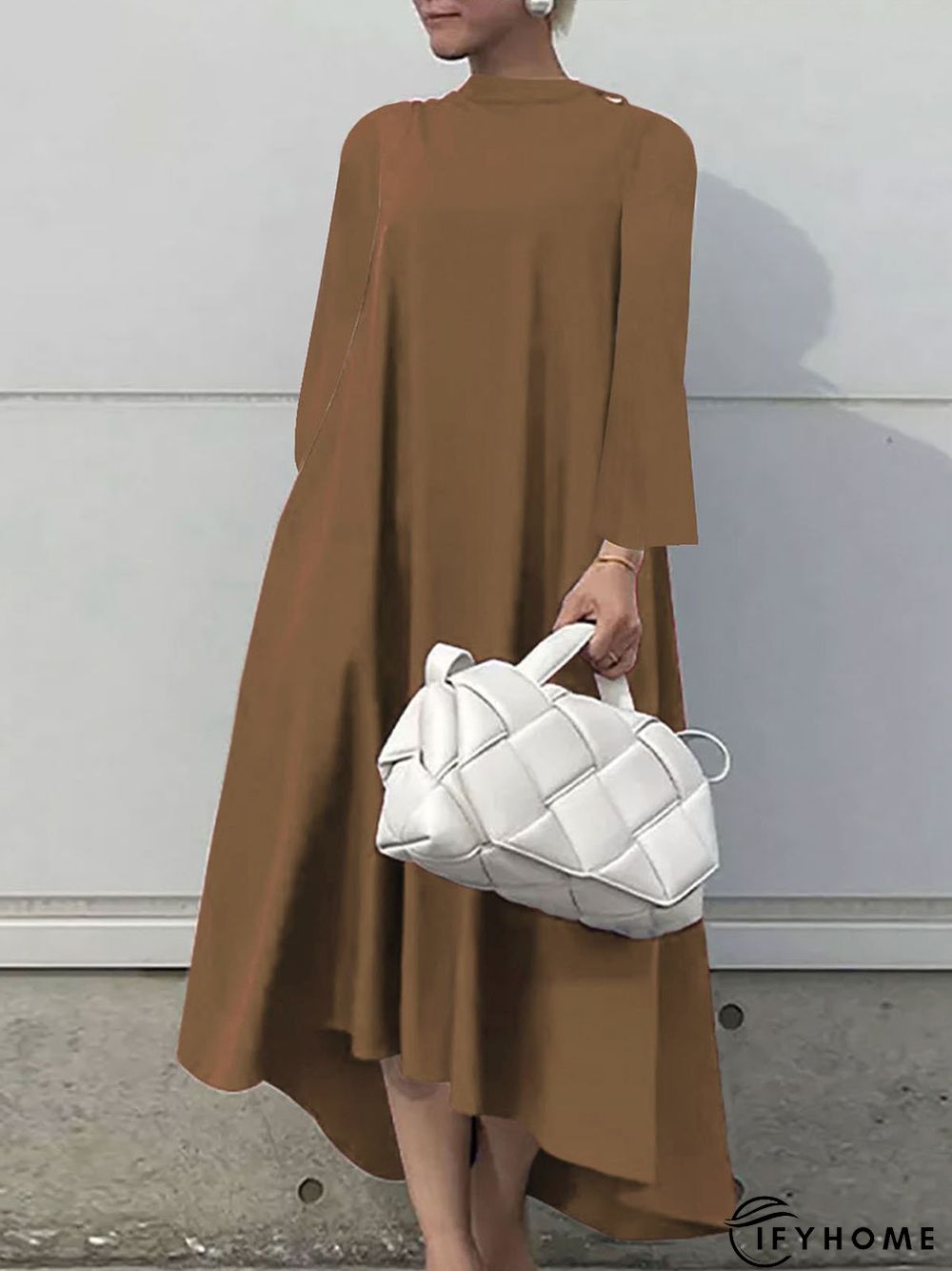 Plain Long sleeve Stand Collar Simple Regular Fit Dress | IFYHOME