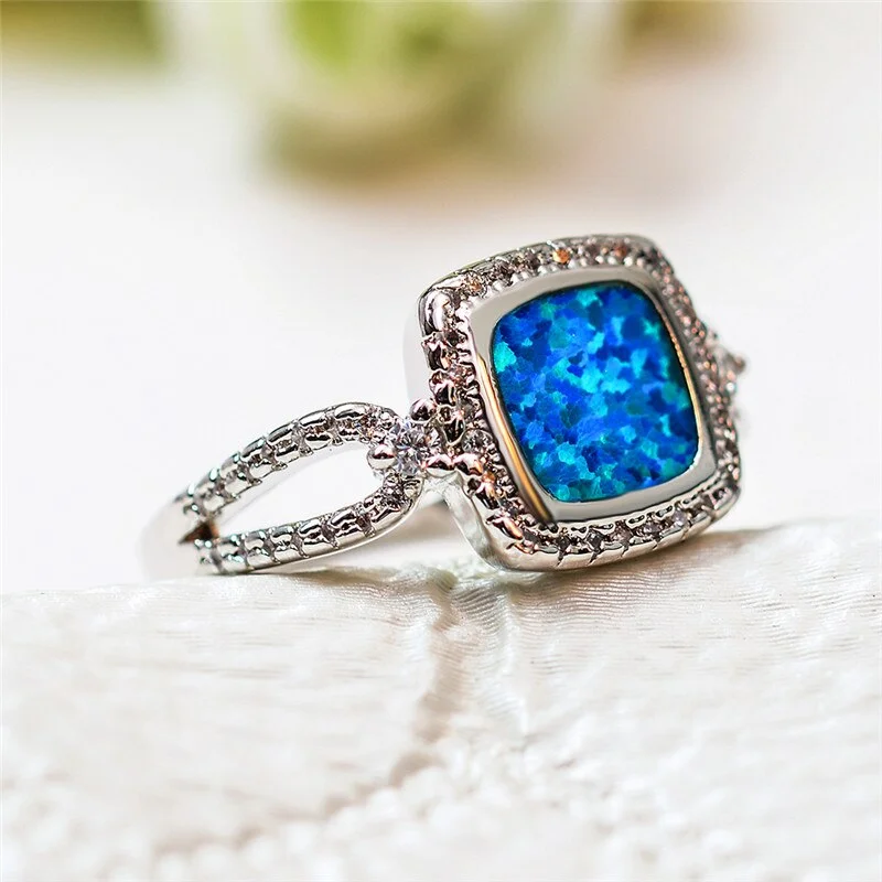 Female Silver Color Small Geometric Ring Boho Blue Fire Opal Stone Ring Promise Love Engagement Rings For Women Vintage Jewelry