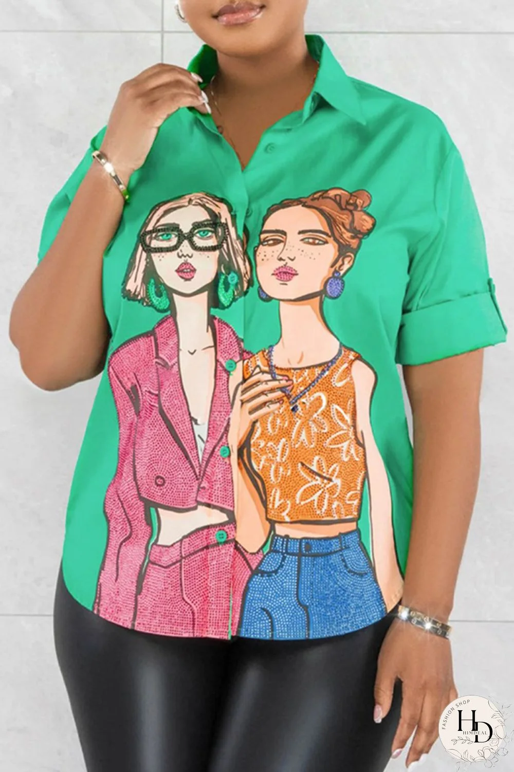 Green Casual Print Basic Shirt Collar Tops