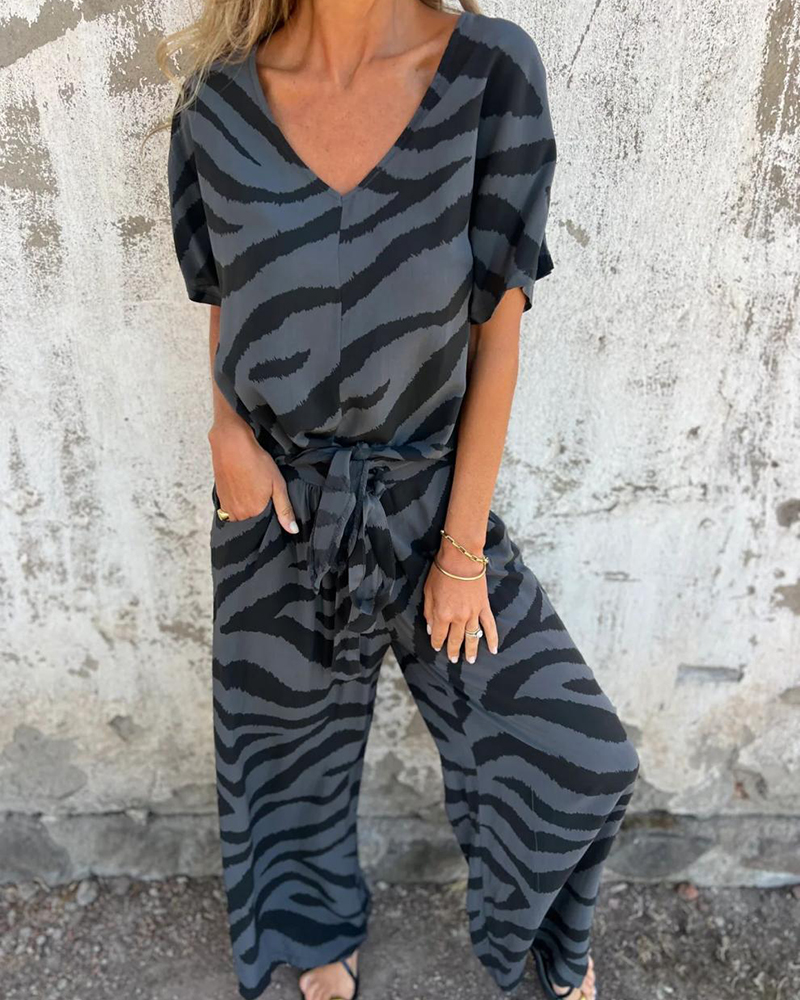 Zebra Print V Neck Short Sleeve Top & Wide Leg Pants