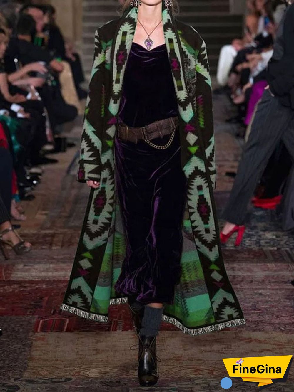 Women's Western Retro Geometric Print Tassel Long Cardigan