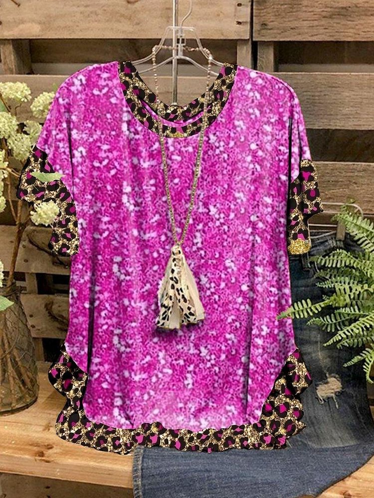 Women's Round Neck Rose Red Patchwork Leopard Print Short Sleeve Top