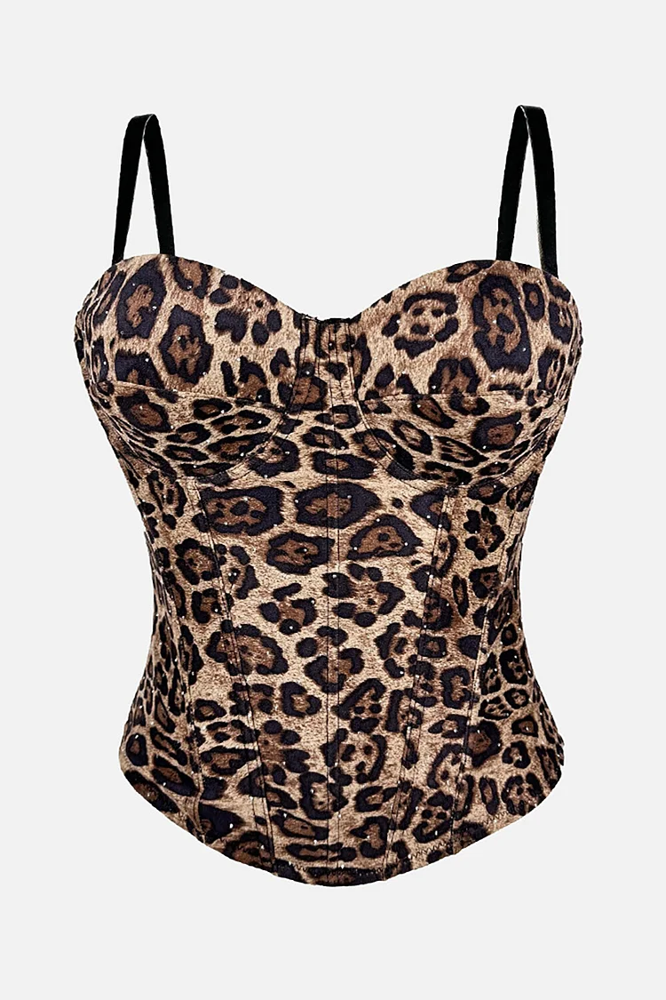Leopard Print Sweetheart Neckline Velvet Cami Bustier-LightBrown