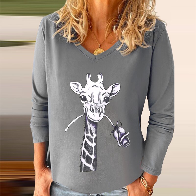 Autumn Casual Long Sleeve Blouse Shirts Women Elegant Deers Print V Neck Pullover