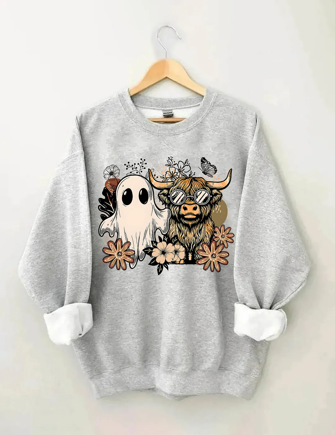 Ghost And Highland Cow With Flowers Sweatshirt