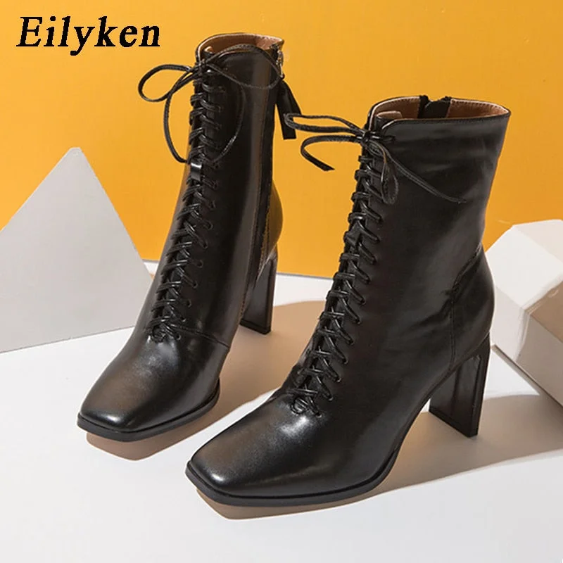 Eilyken Size 35-42 Women Square Head Ankle Boots Fashion Cross Strap Square High Heels Winter Shoes Zipper Office Lady Boots