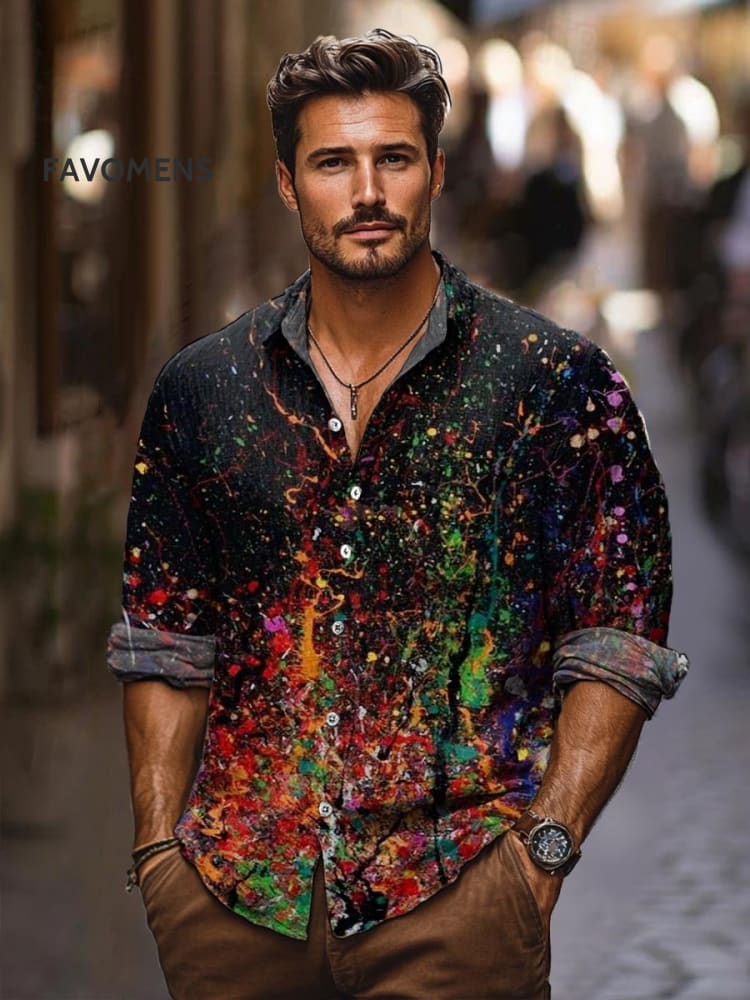 Color Paint Splash Ink Art Print 100% Cotton Long Sleeve Shirt Multicolor / S