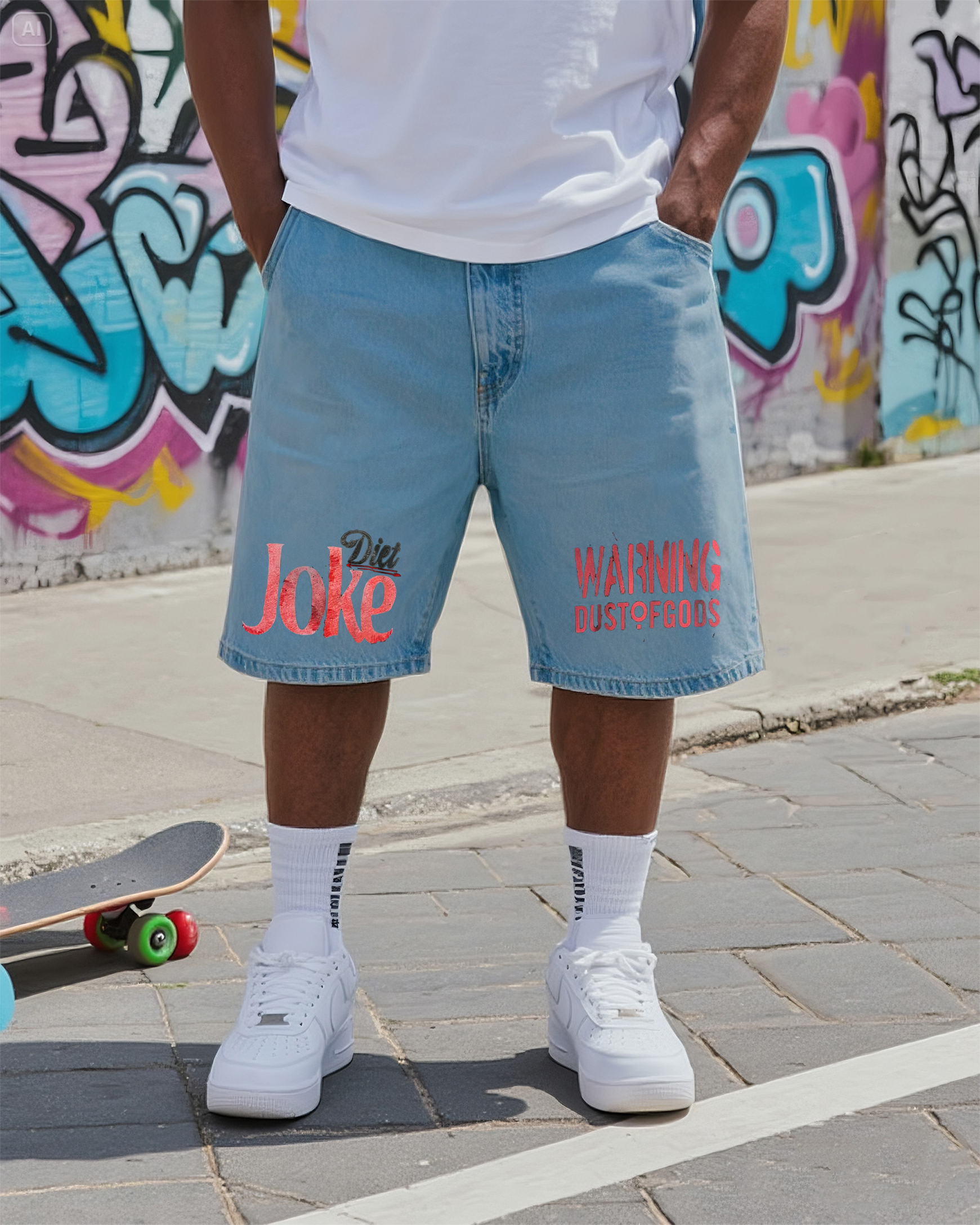 Big & Tall Men's Street Fashion Creative JOKE DIET WARNING DUSTQFGODS Graffiti Denim Shorts