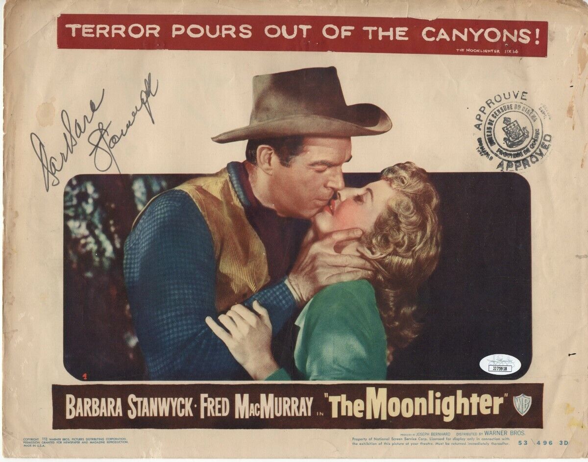 Barbara Stanwyck Signed Autograph 11X14 Lobby Card Photo Poster painting Moonlighter JSA JJ75918