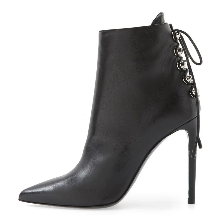 Black Stiletto Boots Pointy Toe Back Lace up Booties with Silver Studs |FSJ Shoes
