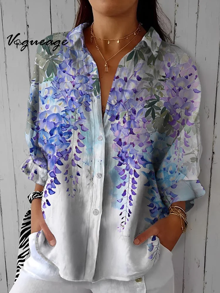 Gentle Elegant And Comfortable Flowers Printed Cotton And Linen Shirt