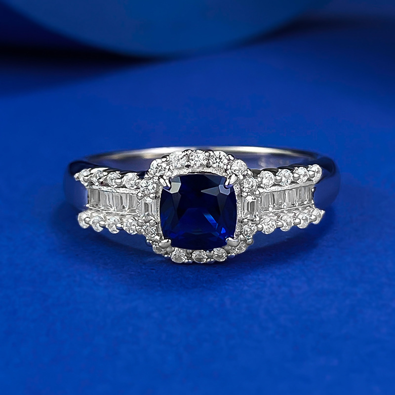 MIKAMU S925 Silver 5*5mm Royal Blue Cushion Cut Ring for Women - Simple Engagement Band