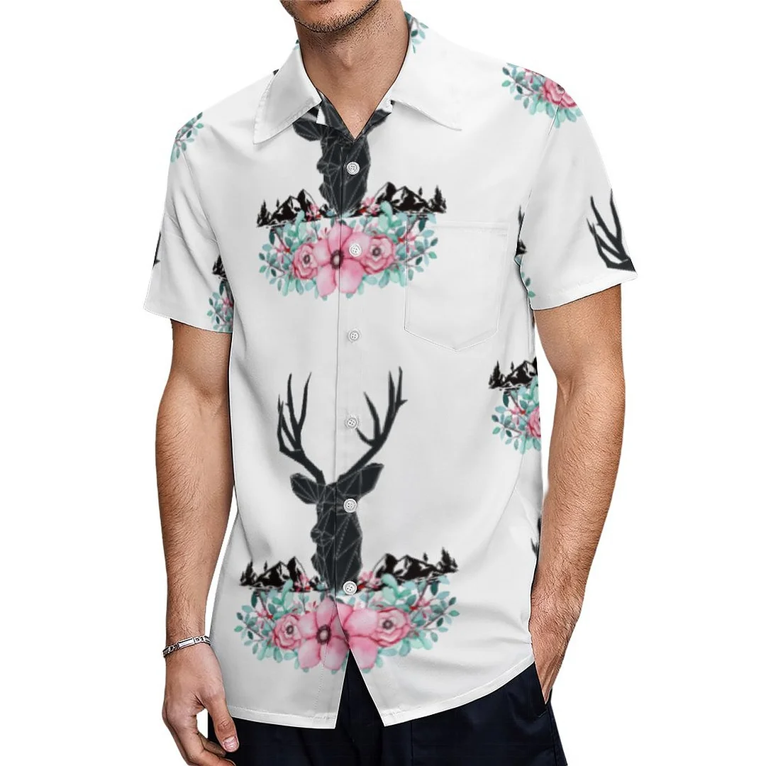Short Sleeve Deer Head W Flowers Mountains Hawaiian Shirt Mens Button Down Plus Size Tropical Hawaii Beach Shirts