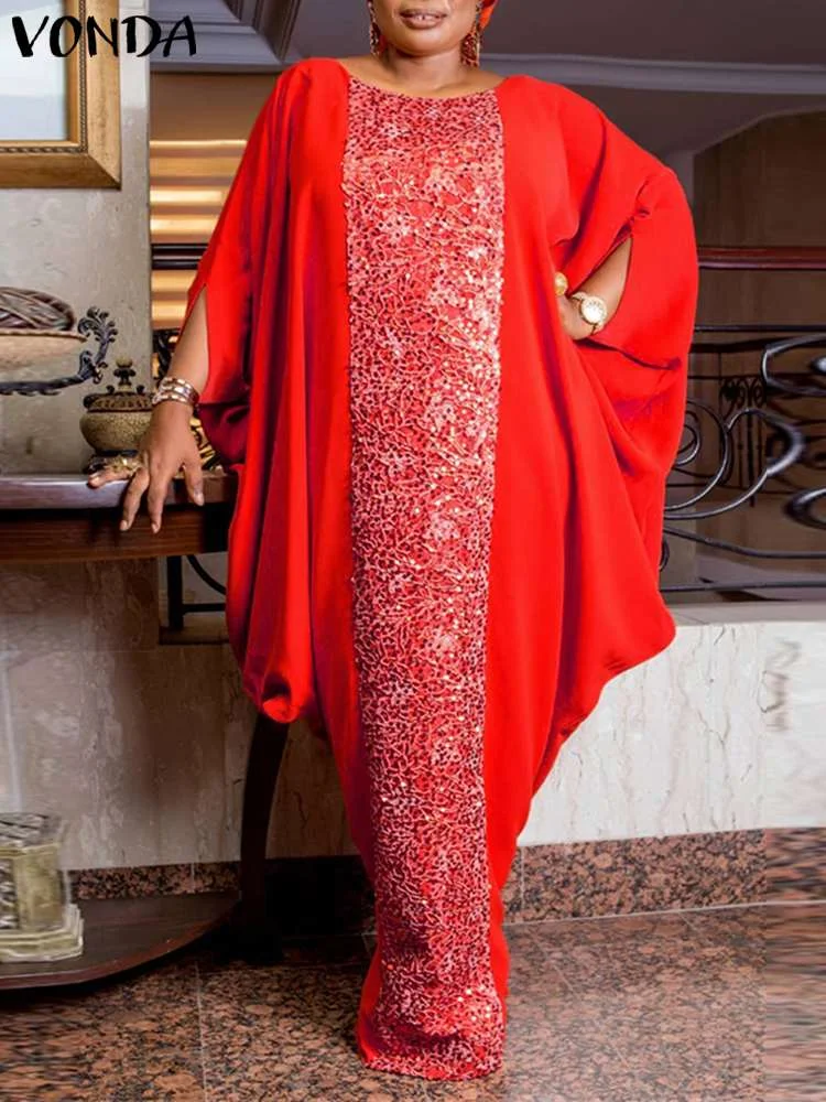VONDA Vintage Female Loose Full-Length Kaftan Maxi Robe Embroidery Vestido Women 3/4 Sleeve Sundress O-Neck Patchwork Maxi Dress
