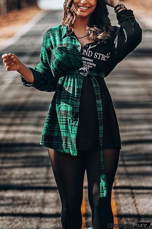 Color Splicing Button Up Shirt Dress With Belt