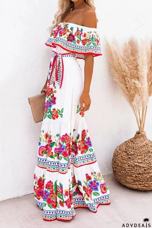 Gradient Off Shoulder Belted Maxi Dress