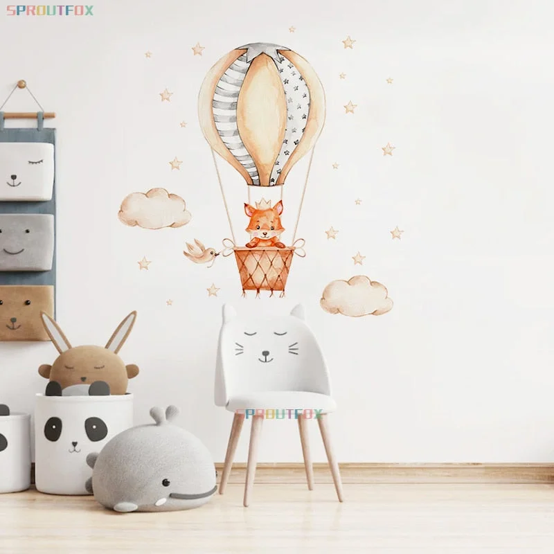 Cute Cartoon Animal Fox Wall Sticker Hot Air Balloon Wall Decals Baby Nursery Room Girls Bedroom Clouds and Stars Kids Stickers