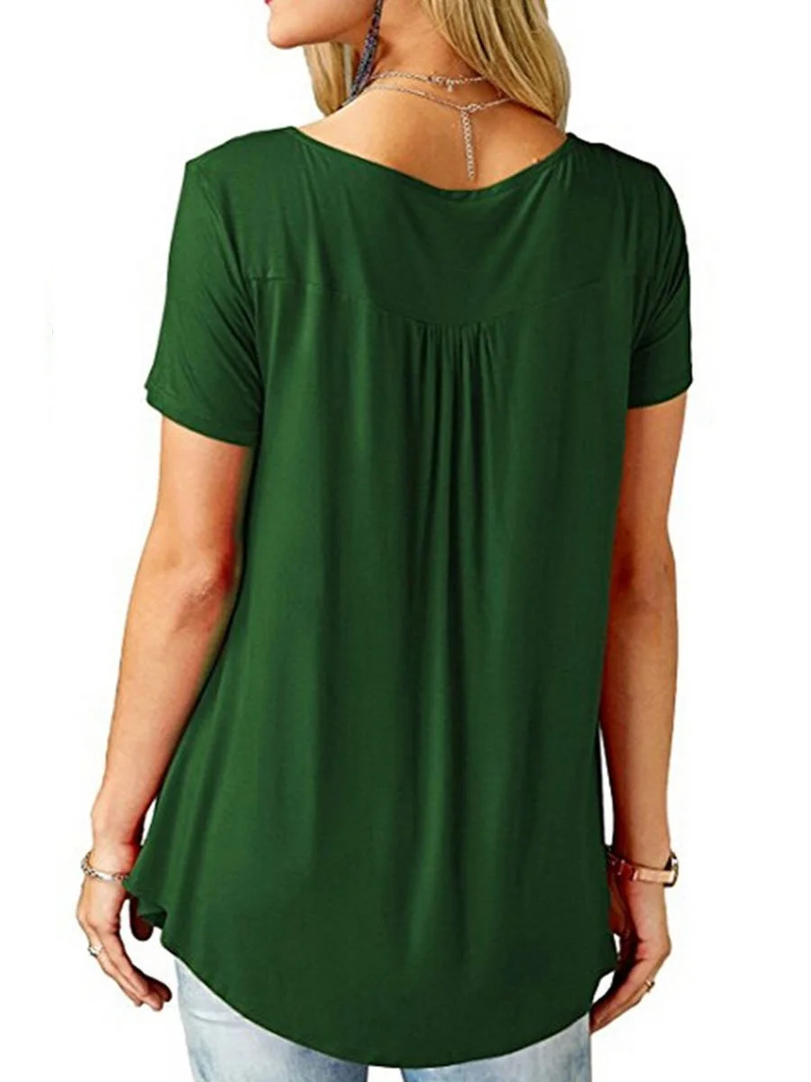 V-Neck  Asymmetric Hem Button Short Sleeve T-Shirts