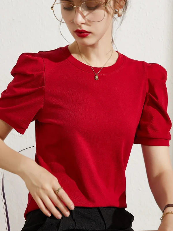 Original Simple Loose Solid Color Puff Sleeves T-Shirt Top