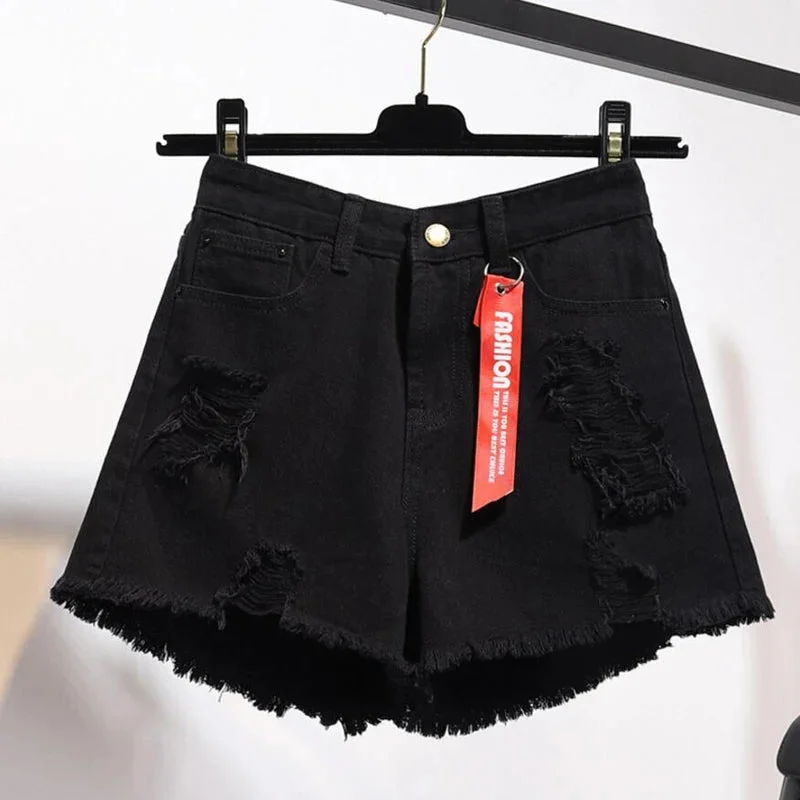 Oocharger Large Size Tassel Women Denim Shorts Fashion Summer High Waist Black White Jeans Loose Korean Wide-leg Pants Cotton 5XL