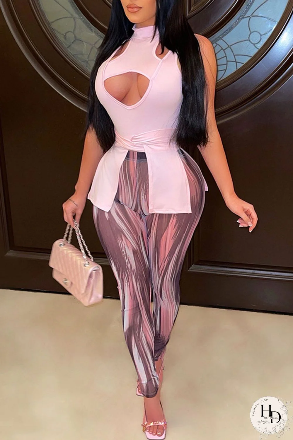Pink Sexy Solid Hollowed Out Split Joint Asymmetrical Half A Turtleneck Sleeveless Two Pieces