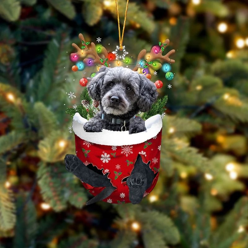 GREY Schnoodle In Snow Pocket Christmas Ornament