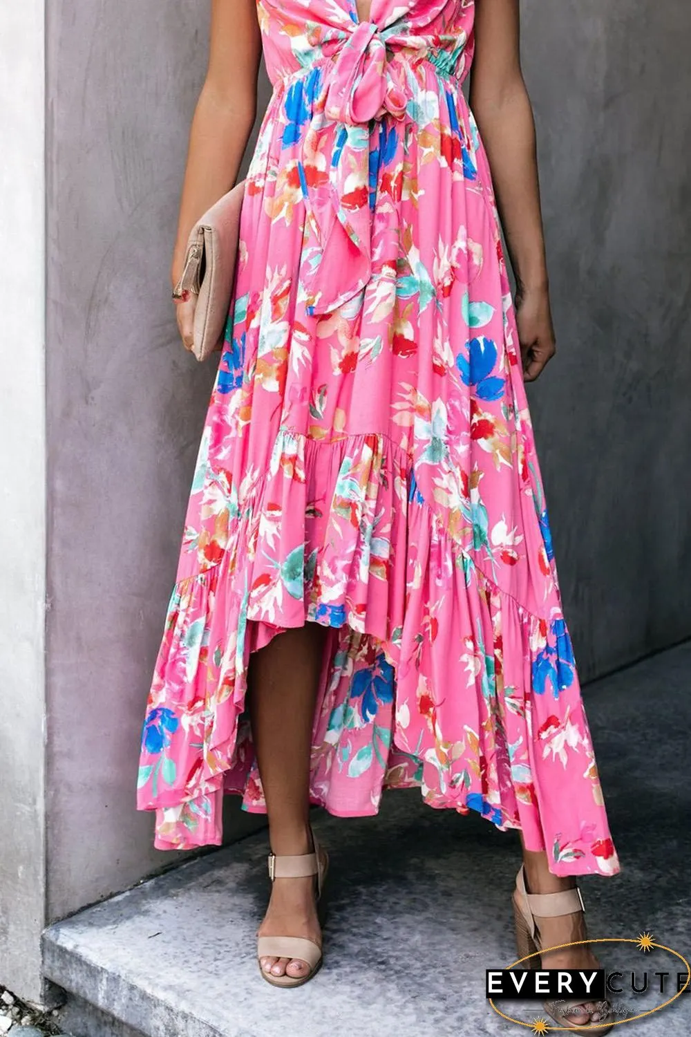 Rose Floral High Low Pocketed Tie Maxi Dress