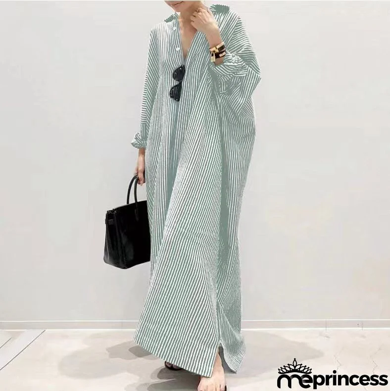 Women's Fashion Loose Stripe Print Large Size Maxi Dress