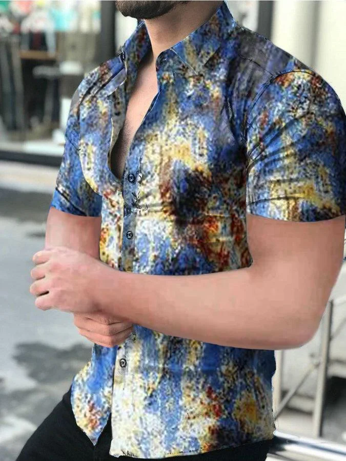 Men's Casual Light Blue Printed Short-Sleeved Shirt