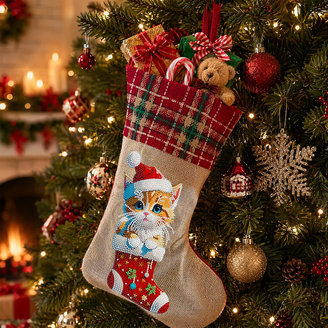DIY Diamond Painting Christmas Stockings Hanging Ornaments Large Capacity Xmas Socks Pendant Wear Resist Candy Gift Storage Bags for Family Christmas Holiday Party Decoration (Christmas cat)