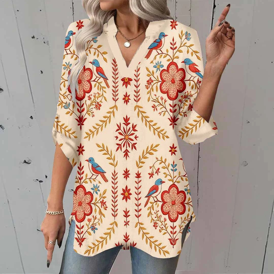 Women Bohemian, Red DZGA0099 3/4 Sleeve V-neck Printed Graphic Button Tops